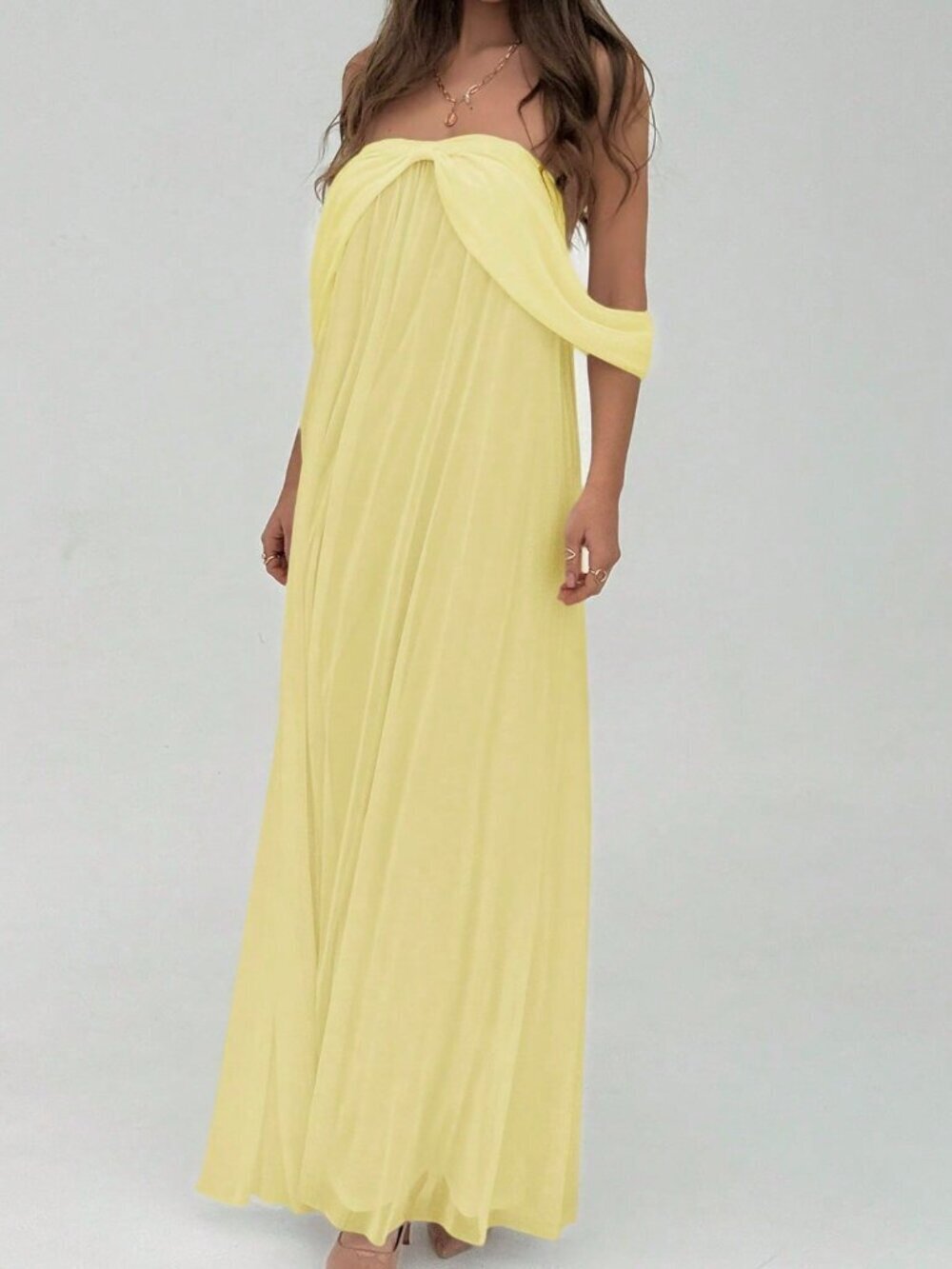 Light Yellow Elegant Women's Off-Shoulder Pleated Dress